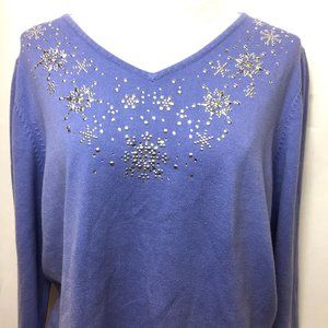 * Quacker Factory Periwinkle Jeweled Christmas Snowflake Sweater XL